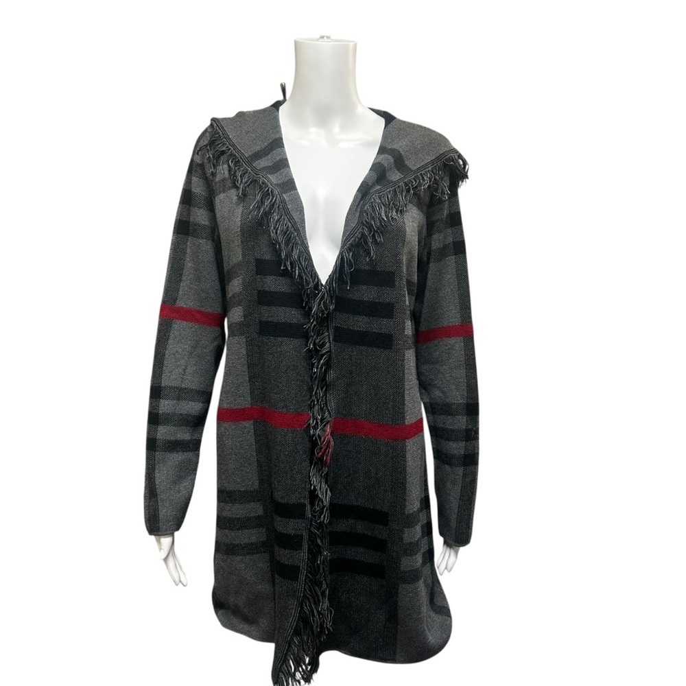 Charlie B Plaid Cardigan Gray Red Size M